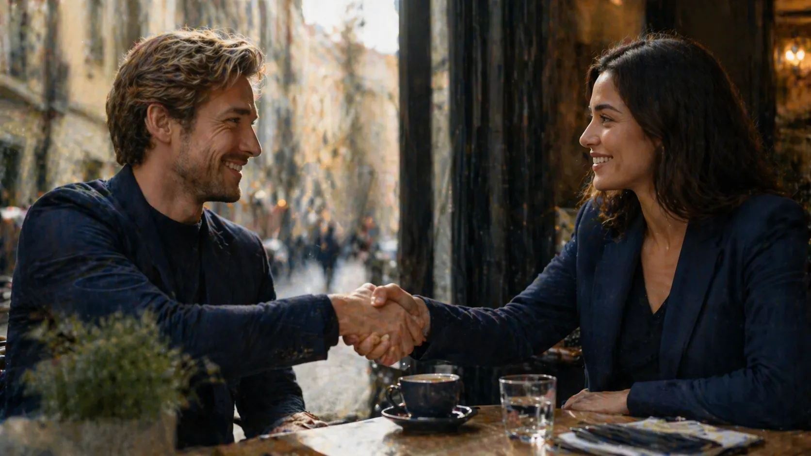 Due persone si stringono la mano al caffè — programma referral Elyon Zero