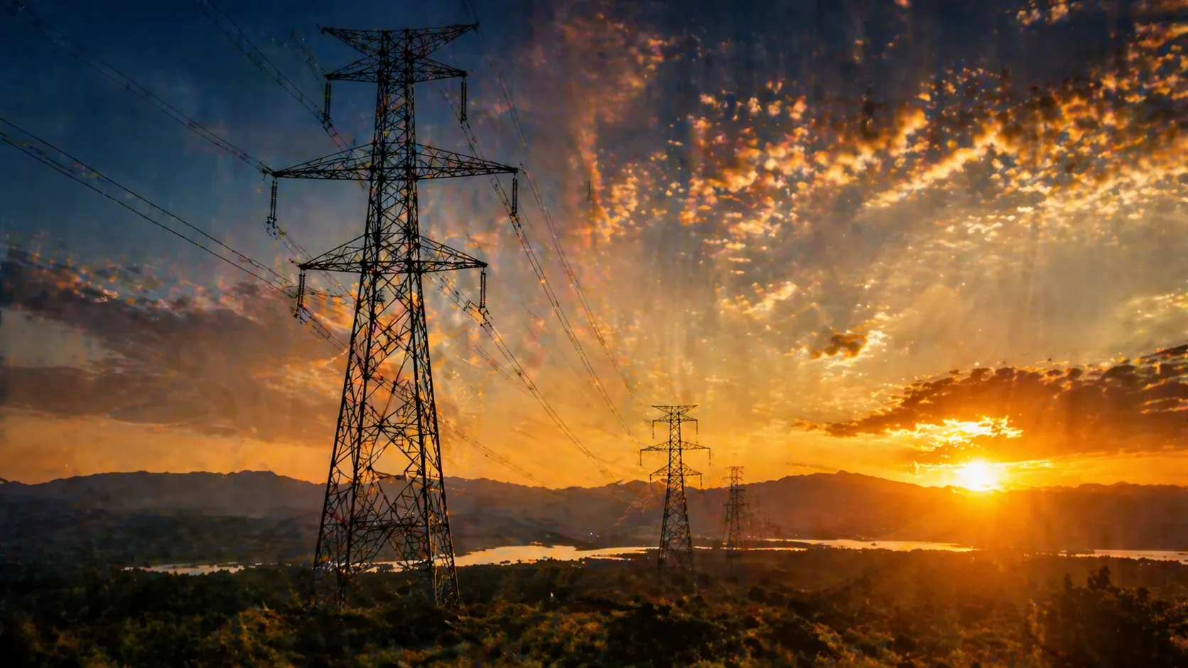 Pali dell'alta tensione al tramonto — mercato libero dell'energia in Italia