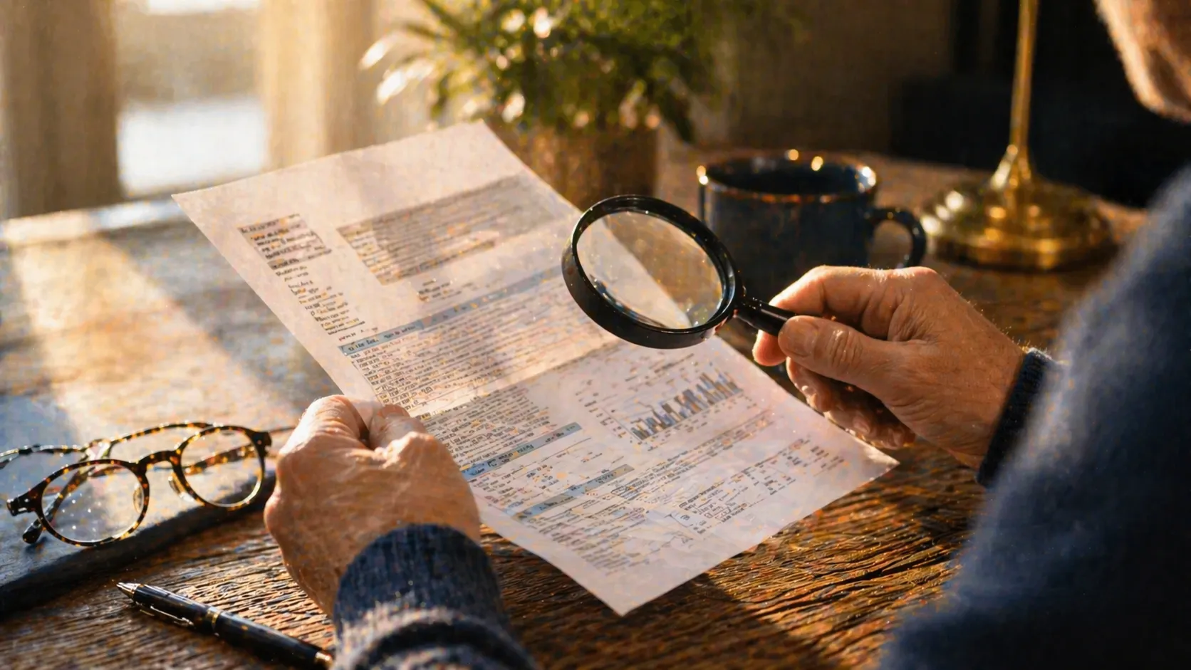 Mani con lente di ingrandimento che leggono una bolletta luce e gas
