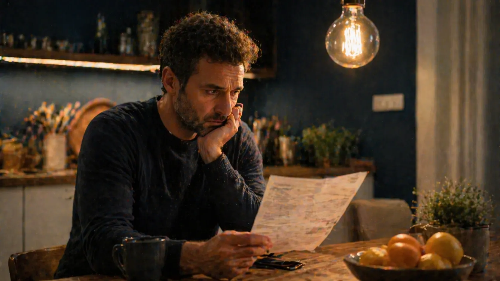 Uomo pensieroso a tavola guarda la bolletta con lampadina Edison accesa