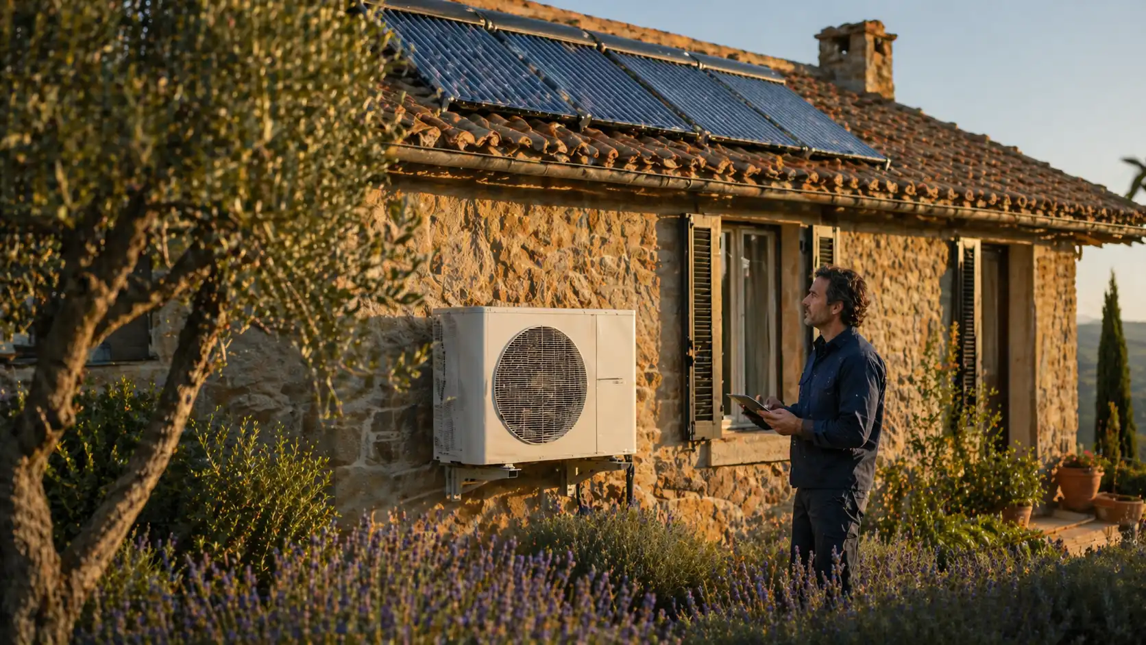 Pompa di calore e pannelli solari termici su casa italiana in pietra